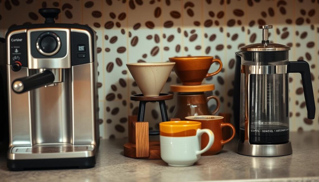 A cozy kitchen countertop with a variety of coffee-making equipment arranged thoughtfully. In the foreground, a sleek espresso machine sits next to a classic glass french press, both gleaming under warm, soft lighting. In the middle ground, a vintage-inspired ceramic pour-over dripper rests on a wooden stand, surrounded by a collection of artisanal mugs in earthy tones. The background features a subtle pattern of coffee beans, adding a touch of rustic charm. The overall scene conveys a sense of personalized ritual and quiet contemplation, inviting the viewer to consider their own coffee preferences. A cozy kitchen countertop with a variety of coffee-making equipment arranged thoughtfully. In the foreground, a sleek espresso machine sits next to a classic glass french press, both gleaming under warm, soft lighting. In the middle ground, a vintage-inspired ceramic pour-over dripper rests on a wooden stand, surrounded by a collection of artisanal mugs in earthy tones. The background features a subtle pattern of coffee beans, adding a touch of rustic charm. The overall scene conveys a sense of personalized ritual and quiet contemplation, inviting the viewer to consider their own coffee preferences.