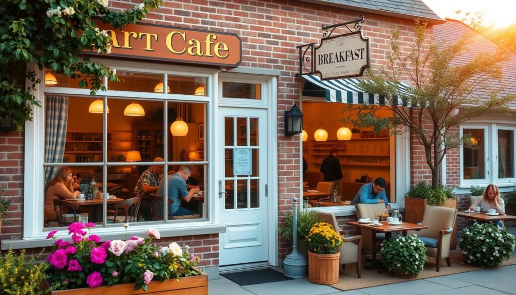 A cozy neighborhood breakfast cafe nestled in a quaint suburban setting. The exterior features a charming brick facade, large windows, and a classic cafe sign. Lush greenery and blooming flower beds adorn the entryway, setting an inviting, natural atmosphere. Through the windows, glimpse the warm, softly-lit interior with wooden tables, plush armchairs, and a bustling open kitchen. The scene is bathed in a soft, golden morning light, creating a welcoming, homey ambiance. Patrons can be seen enjoying hot coffee and freshly-prepared breakfast dishes at their tables, savoring the start of their day in this tranquil setting. A cozy neighborhood breakfast cafe nestled in a quaint suburban setting. The exterior features a charming brick facade, large windows, and a classic cafe sign. Lush greenery and blooming flower beds adorn the entryway, setting an inviting, natural atmosphere. Through the windows, glimpse the warm, softly-lit interior with wooden tables, plush armchairs, and a bustling open kitchen. The scene is bathed in a soft, golden morning light, creating a welcoming, homey ambiance. Patrons can be seen enjoying hot coffee and freshly-prepared breakfast dishes at their tables, savoring the start of their day in this tranquil setting.