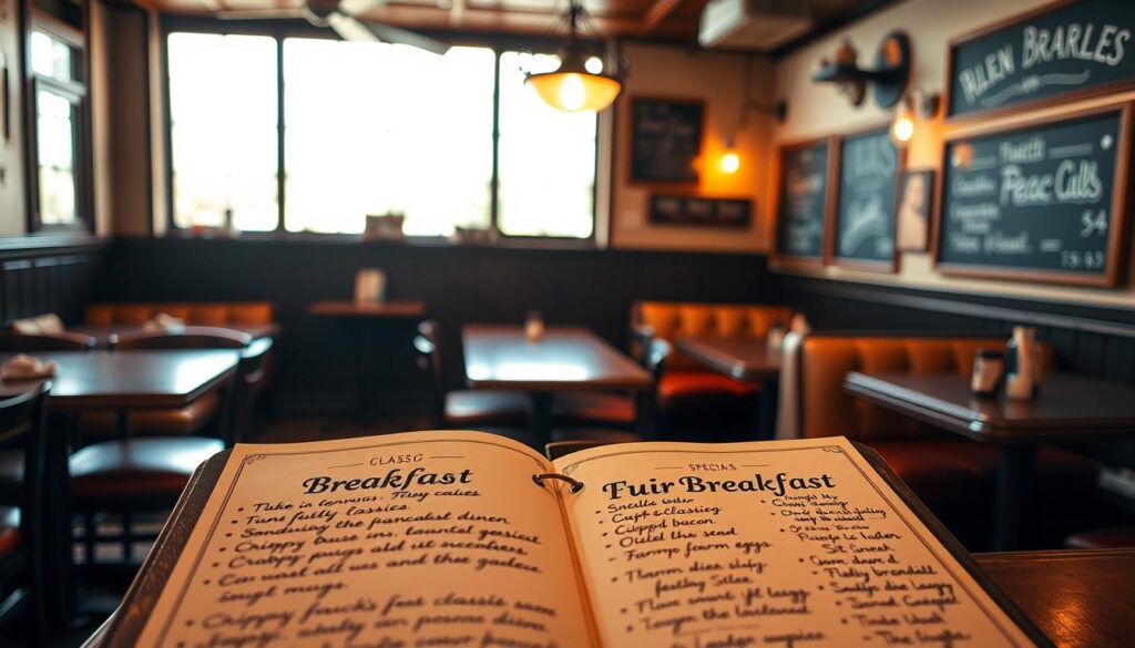 A cozy, well-lit diner interior with a classic breakfast menu display. The foreground showcases an open menu with hand-written dishes in elegant cursive, highlighting breakfast classics like fluffy pancakes, crispy bacon, and farm-fresh eggs. The middle ground features vintage-inspired decor, including wooden tables, plush booths, and a chalkboard wall with specials. In the background, a large window offers a warm, natural glow, creating a inviting atmosphere. The overall mood is nostalgic and comforting, evoking the charm of a beloved neighborhood breakfast spot. A cozy, well-lit diner interior with a classic breakfast menu display. The foreground showcases an open menu with hand-written dishes in elegant cursive, highlighting breakfast classics like fluffy pancakes, crispy bacon, and farm-fresh eggs. The middle ground features vintage-inspired decor, including wooden tables, plush booths, and a chalkboard wall with specials. In the background, a large window offers a warm, natural glow, creating a inviting atmosphere. The overall mood is nostalgic and comforting, evoking the charm of a beloved neighborhood breakfast spot.