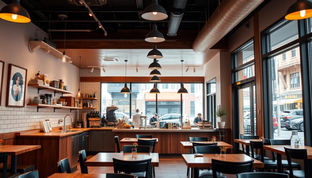 A cozy, well-lit interior of Keke's Breakfast Cafe, showcasing its signature modern rustic decor. Warm wooden accents, subway tile backsplash, and pendant lighting create a welcoming ambiance. The cafe's open kitchen is visible in the middle ground, with skilled baristas and chefs preparing an array of delectable breakfast dishes. In the foreground, neatly arranged tables and chairs invite customers to savor their meals in comfort. Outside, through large windows, a bustling street scene is visible, hinting at the cafe's lively urban setting. The overall scene conveys a sense of inviting relaxation and the promise of a satisfying breakfast experience. A cozy, well-lit interior of Keke's Breakfast Cafe, showcasing its signature modern rustic decor. Warm wooden accents, subway tile backsplash, and pendant lighting create a welcoming ambiance. The cafe's open kitchen is visible in the middle ground, with skilled baristas and chefs preparing an array of delectable breakfast dishes. In the foreground, neatly arranged tables and chairs invite customers to savor their meals in comfort. Outside, through large windows, a bustling street scene is visible, hinting at the cafe's lively urban setting. The overall scene conveys a sense of inviting relaxation and the promise of a satisfying breakfast experience.