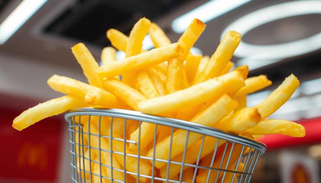 A crisp, golden basket of McDonald's french fries, glistening under the bright fluorescent lights of the fast-food restaurant. The fries are freshly fried, their thin, uniform shape and fluffy interior contrasting with the crunchy, salty exterior. The basket is slightly tilted, revealing the generous portion spilling out in an inviting manner. The fries are arranged neatly, their edges slightly overlapping, creating a visually appealing and appetizing display. The background is blurred, placing the focus entirely on the tempting basket of fries, ready to be savored as a satisfying and potentially good-value snack or side dish. A crisp, golden basket of McDonald's french fries, glistening under the bright fluorescent lights of the fast-food restaurant. The fries are freshly fried, their thin, uniform shape and fluffy interior contrasting with the crunchy, salty exterior. The basket is slightly tilted, revealing the generous portion spilling out in an inviting manner. The fries are arranged neatly, their edges slightly overlapping, creating a visually appealing and appetizing display. The background is blurred, placing the focus entirely on the tempting basket of fries, ready to be savored as a satisfying and potentially good-value snack or side dish.