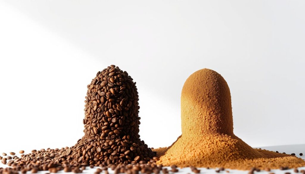 A crisp, high-contrast image of two parallel stacks of coffee granules against a clean, minimalist backdrop. The left stack is a rich, dark brown, representing instant espresso, while the right stack is a lighter, more uniform tan, depicting instant coffee. Bright, directional lighting casts dramatic shadows, emphasizing the textural differences between the two types of coffee. The image is captured from a slightly elevated angle, giving a commanding view of the contrasting piles. An air of precision and clarity pervades the scene, allowing the viewer to clearly discern the distinct visual qualities of instant espresso and instant coffee. A crisp, high-contrast image of two parallel stacks of coffee granules against a clean, minimalist backdrop. The left stack is a rich, dark brown, representing instant espresso, while the right stack is a lighter, more uniform tan, depicting instant coffee. Bright, directional lighting casts dramatic shadows, emphasizing the textural differences between the two types of coffee. The image is captured from a slightly elevated angle, giving a commanding view of the contrasting piles. An air of precision and clarity pervades the scene, allowing the viewer to clearly discern the distinct visual qualities of instant espresso and instant coffee.
