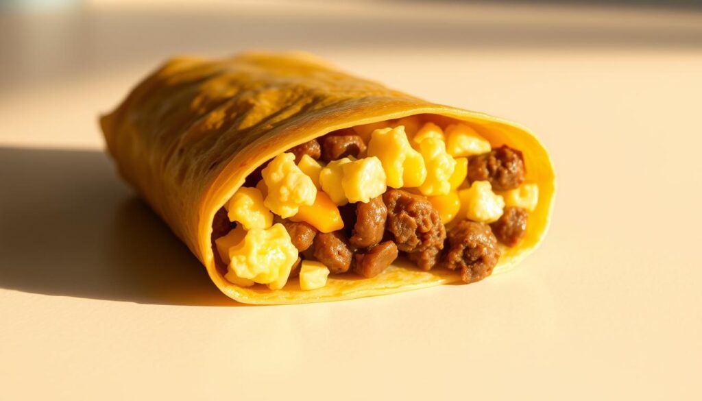 A delectable McDonald's breakfast burrito in the foreground, wrapped in a warm, golden tortilla. Fluffy scrambled eggs, crumbled sausage, and melted cheddar cheese nestled together in perfect harmony. The burrito casts a soft, inviting shadow on a clean, neutral surface, illuminated by warm, natural lighting from the side. The background is slightly blurred, allowing the burrito to take center stage and showcase its mouthwatering details. The overall scene conveys a sense of comforting, satisfying breakfast, perfect for the "McDonald's Breakfast Burrito Overview" section. A delectable McDonald's breakfast burrito in the foreground, wrapped in a warm, golden tortilla. Fluffy scrambled eggs, crumbled sausage, and melted cheddar cheese nestled together in perfect harmony. The burrito casts a soft, inviting shadow on a clean, neutral surface, illuminated by warm, natural lighting from the side. The background is slightly blurred, allowing the burrito to take center stage and showcase its mouthwatering details. The overall scene conveys a sense of comforting, satisfying breakfast, perfect for the "McDonald's Breakfast Burrito Overview" section.