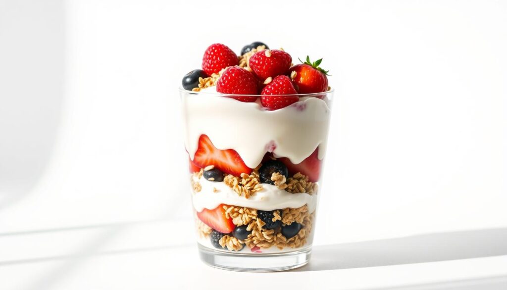 A delectable McDonald's yogurt parfait stands center stage, its layers of creamy vanilla yogurt, fresh juicy berries, and crunchy granola meticulously arranged to create a visually appealing and nutritious treat. The parfait is bathed in soft, natural lighting, casting gentle shadows that accentuate its textures and colors. The background is a clean, minimalist white, allowing the parfait to be the sole focus of attention. The camera angle is slightly elevated, giving the viewer a birds-eye view of the parfait, inviting them to appreciate its inviting presentation. The overall mood is one of simplicity, freshness, and health-consciousness, reflecting the zeitgeist of modern fast-food trends. A delectable McDonald's yogurt parfait stands center stage, its layers of creamy vanilla yogurt, fresh juicy berries, and crunchy granola meticulously arranged to create a visually appealing and nutritious treat. The parfait is bathed in soft, natural lighting, casting gentle shadows that accentuate its textures and colors. The background is a clean, minimalist white, allowing the parfait to be the sole focus of attention. The camera angle is slightly elevated, giving the viewer a birds-eye view of the parfait, inviting them to appreciate its inviting presentation. The overall mood is one of simplicity, freshness, and health-consciousness, reflecting the zeitgeist of modern fast-food trends.