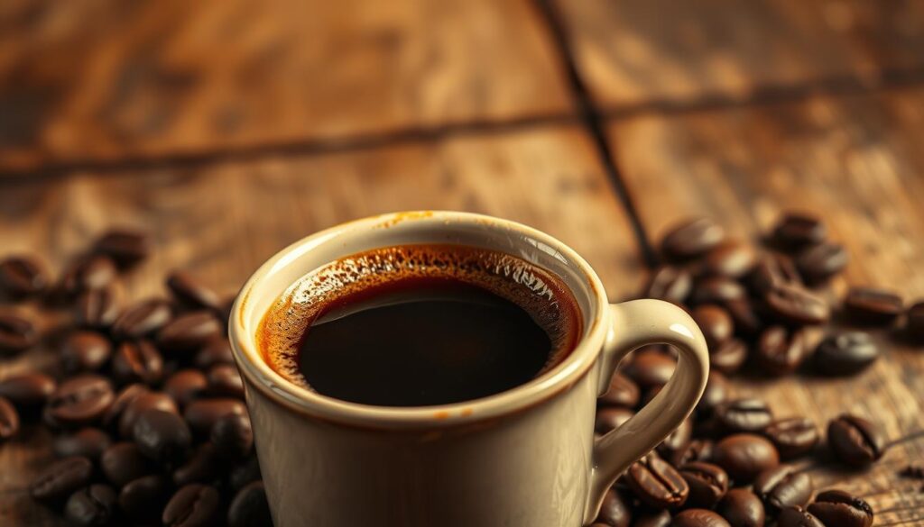 A delectable espresso roast, its rich, dark hue glistening under warm, diffused lighting. Aromas of toasted nuts, dark chocolate, and a hint of caramelized sweetness waft through the air, enticing the senses. In the foreground, a ceramic cup filled with the viscous, concentrated elixir, its crema forming a luscious layer on the surface. Surrounding the cup, a scattering of whole coffee beans, their oily sheen reflecting the soft illumination. In the background, a weathered wooden surface, its textured grain complementing the depth of the roast. The overall composition exudes a sense of artisanal craftsmanship and the indulgent experience of savoring a perfectly brewed espresso.