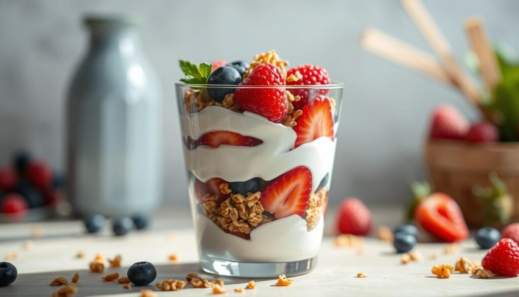 A delightful homemade yogurt parfait, with creamy Greek yogurt layered between vibrant berries and crunchy granola. The parfait is presented in a clear glass, showcasing the beautiful colors and textures. Soft, natural lighting illuminates the scene, giving it a warm, inviting atmosphere. The camera angle is slightly above, providing an appetizing, close-up view of the parfait's enticing layers. The overall mood is one of fresh, wholesome indulgence, perfect for a healthy and satisfying breakfast or snack. A delightful homemade yogurt parfait, with creamy Greek yogurt layered between vibrant berries and crunchy granola. The parfait is presented in a clear glass, showcasing the beautiful colors and textures. Soft, natural lighting illuminates the scene, giving it a warm, inviting atmosphere. The camera angle is slightly above, providing an appetizing, close-up view of the parfait's enticing layers. The overall mood is one of fresh, wholesome indulgence, perfect for a healthy and satisfying breakfast or snack.