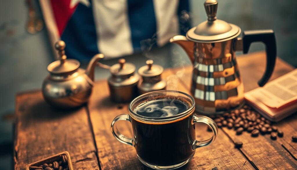 A detailed and authentic still life depicting freshly brewed Cuban coffee. In the foreground, a traditional espresso cup filled with rich, dark coffee, surrounded by a cloud of aromatic steam. In the middle ground, a gleaming metal coffee pot and a small metal grinder, evoking the manual preparation process. The background features a worn, rustic wooden table, with a vibrant Cuban flag hanging on the wall, suggesting the cultural heritage and history of this iconic beverage. The lighting is warm and soft, casting a golden glow over the scene, instilling a sense of comfort and tradition. The overall composition conveys the essence of Cuban coffee - robust, flavorful, and deeply rooted in the country's unique identity.