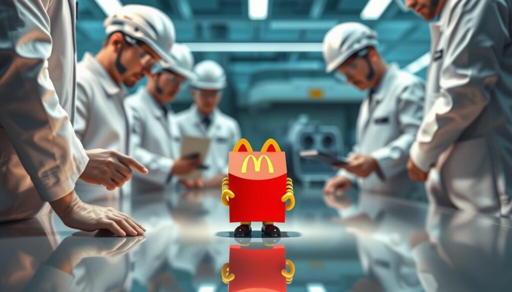 A detailed and realistic illustration of a McDonald's Happy Meal toy undergoing quality and safety inspection. The scene depicts a toy figurine being examined under bright studio lighting by a team of engineers wearing white lab coats. The toy is positioned on a clean, reflective table surface, allowing for close inspection of its construction, materials, and potential hazards. The background is blurred, creating a sense of focus on the inspection process. The overall mood is one of diligence and professionalism, conveying the rigorous safety standards applied to McDonald's Happy Meal toys. A detailed and realistic illustration of a McDonald's Happy Meal toy undergoing quality and safety inspection. The scene depicts a toy figurine being examined under bright studio lighting by a team of engineers wearing white lab coats. The toy is positioned on a clean, reflective table surface, allowing for close inspection of its construction, materials, and potential hazards. The background is blurred, creating a sense of focus on the inspection process. The overall mood is one of diligence and professionalism, conveying the rigorous safety standards applied to McDonald's Happy Meal toys.