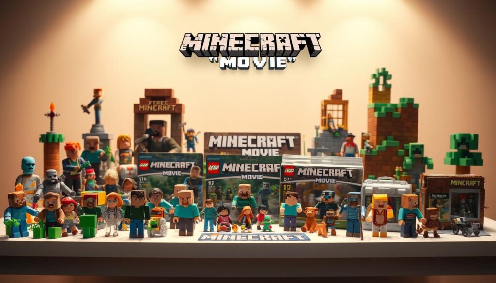 A detailed and realistic tableau of Minecraft Movie-themed toys displayed on a clean, well-lit table. The foreground features a diverse assortment of action figures, plush characters, and buildable sets, meticulously crafted with the signature Minecraft aesthetic. The middle ground showcases packaging and promotional materials, highlighting the branding and logos associated with the Minecraft Movie release. The background is a softly blurred, neutral setting that allows the toys to take center stage. Warm, directional lighting casts subtle shadows, emphasizing the textures and three-dimensional forms of the Minecraft toys. The overall scene conveys a sense of excitement and anticipation for the upcoming Minecraft Movie and its corresponding merchandise. A detailed and realistic tableau of Minecraft Movie-themed toys displayed on a clean, well-lit table. The foreground features a diverse assortment of action figures, plush characters, and buildable sets, meticulously crafted with the signature Minecraft aesthetic. The middle ground showcases packaging and promotional materials, highlighting the branding and logos associated with the Minecraft Movie release. The background is a softly blurred, neutral setting that allows the toys to take center stage. Warm, directional lighting casts subtle shadows, emphasizing the textures and three-dimensional forms of the Minecraft toys. The overall scene conveys a sense of excitement and anticipation for the upcoming Minecraft Movie and its corresponding merchandise.