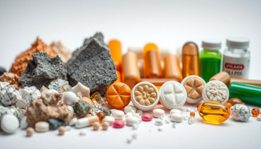 A detailed close-up view of an assortment of minerals and vitamins, arranged in a visually appealing and informative manner. The foreground features various mineral crystals and supplements, such as iron, calcium, magnesium, and zinc, meticulously displayed against a clean, neutral background. The middle ground showcases cross-sections of different vitamin tablets and capsules, highlighting their internal structures and compositions. In the background, a soft, diffused lighting creates a subtle, scientific atmosphere, emphasizing the importance and complexity of these essential nutrients. The overall composition conveys a sense of precision, clarity, and the vital role that minerals and vitamins play in maintaining a balanced and healthy diet. A detailed close-up view of an assortment of minerals and vitamins, arranged in a visually appealing and informative manner. The foreground features various mineral crystals and supplements, such as iron, calcium, magnesium, and zinc, meticulously displayed against a clean, neutral background. The middle ground showcases cross-sections of different vitamin tablets and capsules, highlighting their internal structures and compositions. In the background, a soft, diffused lighting creates a subtle, scientific atmosphere, emphasizing the importance and complexity of these essential nutrients. The overall composition conveys a sense of precision, clarity, and the vital role that minerals and vitamins play in maintaining a balanced and healthy diet.