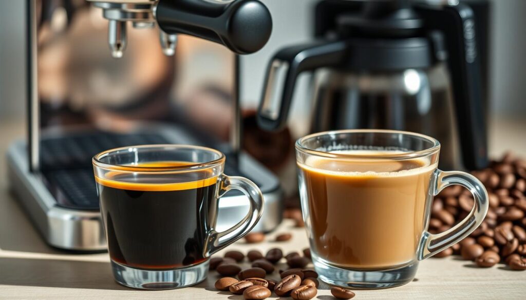 A detailed comparison of espresso and drip coffee, shot in natural light with a shallow depth of field. In the foreground, two pristine coffee cups, one filled with rich, dark espresso, the other with light, aromatic drip coffee. The middle ground showcases the distinct brewing methods - an espresso machine and a classic drip coffee maker. In the background, a selection of coffee beans, freshly ground, highlighting the subtle differences in their roast profiles. The image conveys the nuanced flavors, aromas, and textures that distinguish these two beloved coffee preparations. A detailed comparison of espresso and drip coffee, shot in natural light with a shallow depth of field. In the foreground, two pristine coffee cups, one filled with rich, dark espresso, the other with light, aromatic drip coffee. The middle ground showcases the distinct brewing methods - an espresso machine and a classic drip coffee maker. In the background, a selection of coffee beans, freshly ground, highlighting the subtle differences in their roast profiles. The image conveys the nuanced flavors, aromas, and textures that distinguish these two beloved coffee preparations.