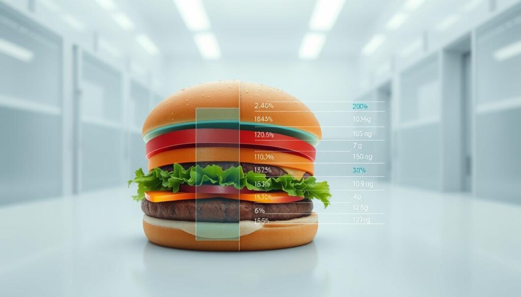 A detailed cross-section illustration of a McDonald's hamburger, highlighting its key nutritional content. The foreground depicts the hamburger patty, bun, and toppings, with transparent overlays showcasing the precise amounts of vitamins, minerals, and other nutrients present. The middle ground features a detailed legend, color-coded to match the overlays, providing precise numerical values for each nutrient. The background is a clean, white laboratory-style setting, emphasizing the scientific, informative nature of the image. Crisp lighting and a tight, close-up camera angle create a sense of focus and clarity, drawing the viewer's attention to the key nutritional details. A detailed cross-section illustration of a McDonald's hamburger, highlighting its key nutritional content. The foreground depicts the hamburger patty, bun, and toppings, with transparent overlays showcasing the precise amounts of vitamins, minerals, and other nutrients present. The middle ground features a detailed legend, color-coded to match the overlays, providing precise numerical values for each nutrient. The background is a clean, white laboratory-style setting, emphasizing the scientific, informative nature of the image. Crisp lighting and a tight, close-up camera angle create a sense of focus and clarity, drawing the viewer's attention to the key nutritional details.