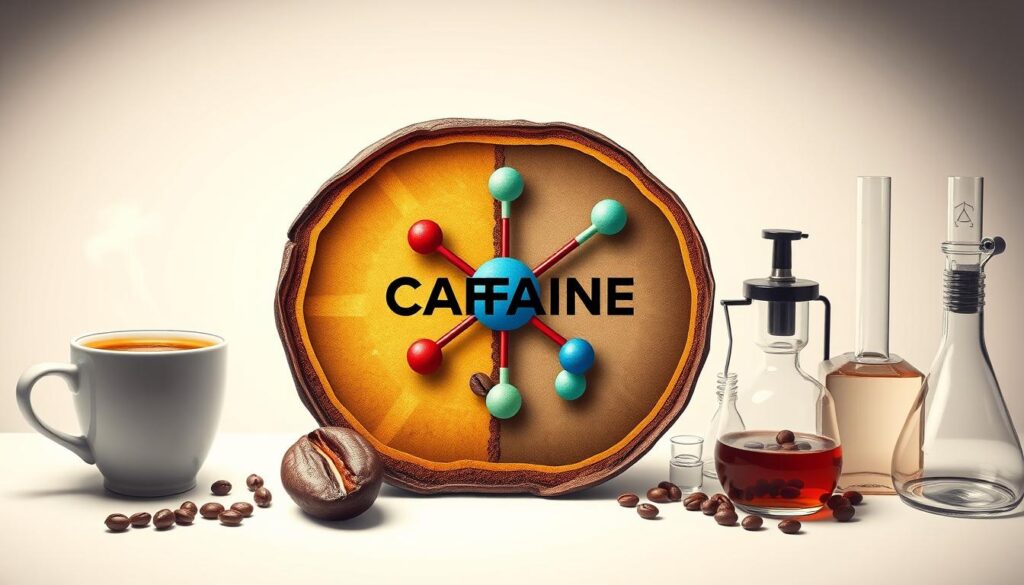 A detailed, cross-sectional diagram depicting the molecular structure of caffeine, showcased against a clean, minimalist backdrop. The caffeine molecule, rendered in vibrant, high-contrast colors, takes center stage, its chemical bonds and atomic components meticulously illustrated. Surrounding the central molecule, a series of complementary visual elements provide context - a steaming cup of coffee, a coffee bean, and a carefully curated selection of scientific equipment, all captured with a crisp, technical precision. The overall composition conveys a sense of scientific curiosity and a deep understanding of the fundamental aspects of this ubiquitous stimulant. A detailed, cross-sectional diagram depicting the molecular structure of caffeine, showcased against a clean, minimalist backdrop. The caffeine molecule, rendered in vibrant, high-contrast colors, takes center stage, its chemical bonds and atomic components meticulously illustrated. Surrounding the central molecule, a series of complementary visual elements provide context - a steaming cup of coffee, a coffee bean, and a carefully curated selection of scientific equipment, all captured with a crisp, technical precision. The overall composition conveys a sense of scientific curiosity and a deep understanding of the fundamental aspects of this ubiquitous stimulant.