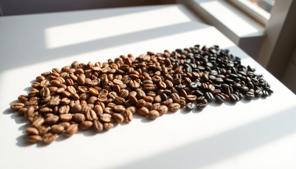 A detailed illustration of coffee roast levels, showcasing the gradual transformation of beans from light to dark roast. A clean, well-lit tabletop setting, with different roast samples arranged in a grid, capturing the nuanced color and texture changes. Bright, natural lighting from the side, casting soft shadows to accentuate the visual differences. Crisp, high-resolution focus, allowing the viewer to closely examine the intricate details of each roast stage, from the delicate light brown of the lightest roast to the shiny, oily surface of the darkest roast. A serene, educational atmosphere, inviting the viewer to appreciate the art and science behind the roasting process.