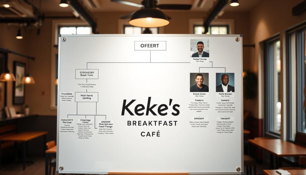 A detailed organizational chart showcasing the management and ownership structure of Keke's Breakfast Cafe. In the foreground, a bold, modern logo emblazoned on a whiteboard, surrounded by neatly arranged boxes and connecting lines depicting the company's key leadership roles and stakeholders. The middle ground features portraits of the cafe's founders, owners, and executive team, each with a nameplate and brief description of their position and responsibilities. In the background, a warm, inviting cafe interior with natural light filtering through large windows, subtly hinting at the brand's welcoming atmosphere and commitment to quality. The overall mood is one of professionalism, transparency, and pride in the cafe's Black-owned heritage. A detailed organizational chart showcasing the management and ownership structure of Keke's Breakfast Cafe. In the foreground, a bold, modern logo emblazoned on a whiteboard, surrounded by neatly arranged boxes and connecting lines depicting the company's key leadership roles and stakeholders. The middle ground features portraits of the cafe's founders, owners, and executive team, each with a nameplate and brief description of their position and responsibilities. In the background, a warm, inviting cafe interior with natural light filtering through large windows, subtly hinting at the brand's welcoming atmosphere and commitment to quality. The overall mood is one of professionalism, transparency, and pride in the cafe's Black-owned heritage.