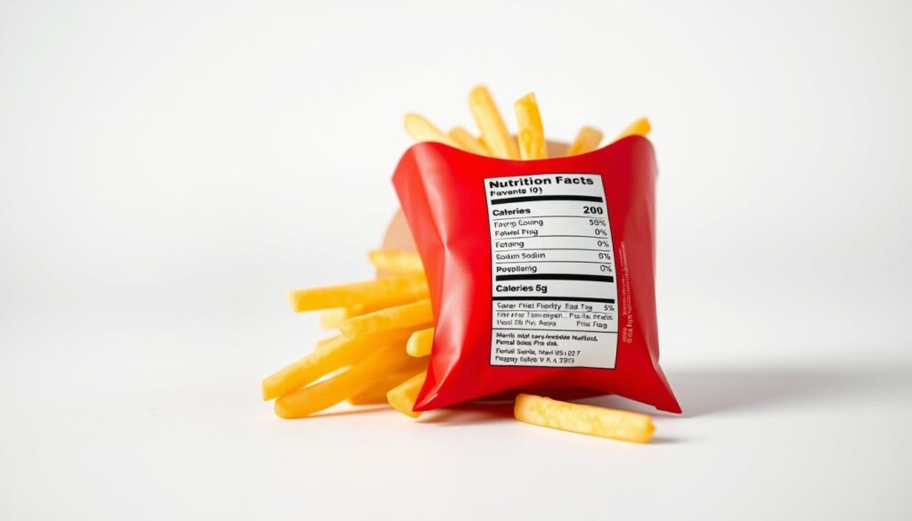 A detailed product shot of McDonald's small french fry nutrition facts, shot on a clean white background with soft, even lighting from multiple angles. The image should clearly display the nutritional information panel, featuring the calorie count, fat, sodium, and other key metrics in a legible, high-resolution format. The styling should be minimalist and professional, allowing the nutritional data to be the focal point. The angle should be slightly angled to create depth and dimensionality, while maintaining a clean, straightforward composition. The overall mood should be informative and data-driven, reflecting the subject matter. A detailed product shot of McDonald's small french fry nutrition facts, shot on a clean white background with soft, even lighting from multiple angles. The image should clearly display the nutritional information panel, featuring the calorie count, fat, sodium, and other key metrics in a legible, high-resolution format. The styling should be minimalist and professional, allowing the nutritional data to be the focal point. The angle should be slightly angled to create depth and dimensionality, while maintaining a clean, straightforward composition. The overall mood should be informative and data-driven, reflecting the subject matter.