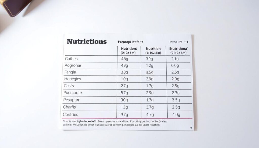 A detailed table of nutritional information for a McDonald's Hot Fudge Sundae, presented against a clean, white background. The table is illuminated by a soft, diffused light, casting gentle shadows and highlights to emphasize the clear presentation of the data. The layout is organized and easy to read, with bold headings and neatly arranged columns. The overall mood is informative and visually appealing, inviting the viewer to closely examine the nutritional facts.