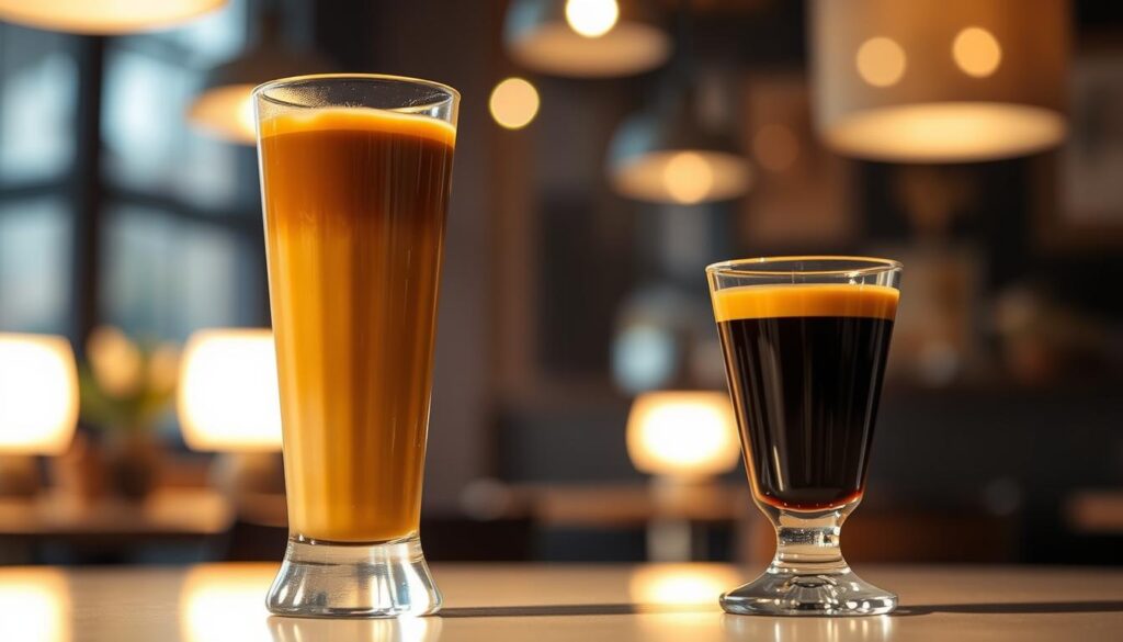 A dimly lit coffee shop, the warm glow of table lamps casting a cozy ambiance. In the foreground, two distinct coffee drinks sit side by side - a Gran Lungo and an Espresso. The Gran Lungo, a tall glass filled with a rich, amber-hued liquid, contrasts with the Espresso's smaller, more concentrated form, its dark crema topping glistening under the soft lighting. The background blurs into a hazy, atmospheric scene, emphasizing the central focus on these two coffee varieties. The image captures the subtle differences in size, color, and intensity, inviting the viewer to explore the unique qualities of each beverage. A dimly lit coffee shop, the warm glow of table lamps casting a cozy ambiance. In the foreground, two distinct coffee drinks sit side by side - a Gran Lungo and an Espresso. The Gran Lungo, a tall glass filled with a rich, amber-hued liquid, contrasts with the Espresso's smaller, more concentrated form, its dark crema topping glistening under the soft lighting. The background blurs into a hazy, atmospheric scene, emphasizing the central focus on these two coffee varieties. The image captures the subtle differences in size, color, and intensity, inviting the viewer to explore the unique qualities of each beverage.
