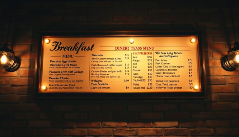 A diner-style breakfast menu displayed on a wooden board, illuminated by warm, diffused lighting. The menu features iconic breakfast items like pancakes, eggs, bacon, and hash browns, with prices clearly listed in an elegant cursive font. The board is mounted on a rustic brick wall, creating a cozy, inviting atmosphere. The composition is centered, allowing the viewer to focus on the details of the menu. The image has a soft, vintage-inspired aesthetic, conveying the comfort and nostalgia of a classic American breakfast experience.
