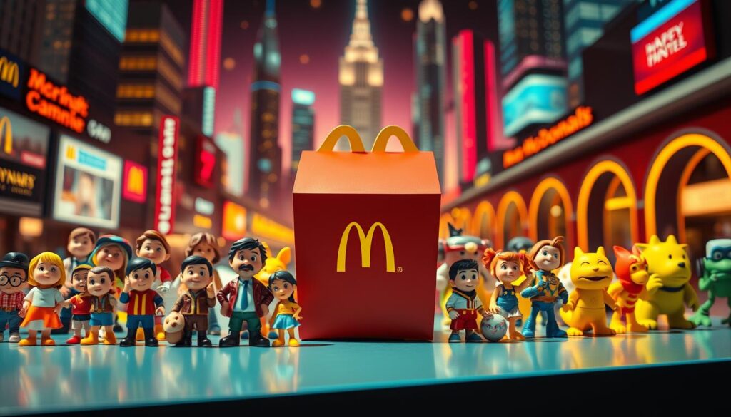 A dynamic and whimsical timeline showcasing the vibrant evolution of McDonald's iconic Happy Meal toys. In the foreground, a vibrant collage of classic character figurines, from the original McDonaldland crew to beloved modern franchises, arranged in a playful, nostalgic display. In the middle ground, a futuristic-styled Happy Meal box, its sleek design hinting at the innovations to come. The background features a dynamic, neon-infused cityscape, with towering skyscrapers and futuristic archways, evoking a sense of progress and technology. Warm, bright lighting casts a joyful glow over the entire scene, capturing the enduring appeal and excitement of these beloved toys. Cinematic camera angles and a razor-sharp depth of field bring this visually captivating timeline to life. A dynamic and whimsical timeline showcasing the vibrant evolution of McDonald's iconic Happy Meal toys. In the foreground, a vibrant collage of classic character figurines, from the original McDonaldland crew to beloved modern franchises, arranged in a playful, nostalgic display. In the middle ground, a futuristic-styled Happy Meal box, its sleek design hinting at the innovations to come. The background features a dynamic, neon-infused cityscape, with towering skyscrapers and futuristic archways, evoking a sense of progress and technology. Warm, bright lighting casts a joyful glow over the entire scene, capturing the enduring appeal and excitement of these beloved toys. Cinematic camera angles and a razor-sharp depth of field bring this visually captivating timeline to life.