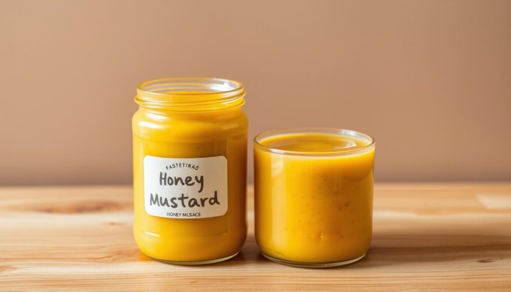 A glass jar containing a thick, golden-hued honey mustard sauce, resting on a wood surface. The jar has a rustic, artisanal appearance, with a simple label. The sauce appears creamy and glossy, with a slightly textured surface that suggests a homemade quality. Warm, soft lighting from above casts a gentle glow, highlighting the vibrant color and inviting the viewer to imagine the sauce's tangy, sweet flavor. The composition is clean and uncluttered, allowing the jar to be the focal point, with a neutral background that enhances the product's presentation.