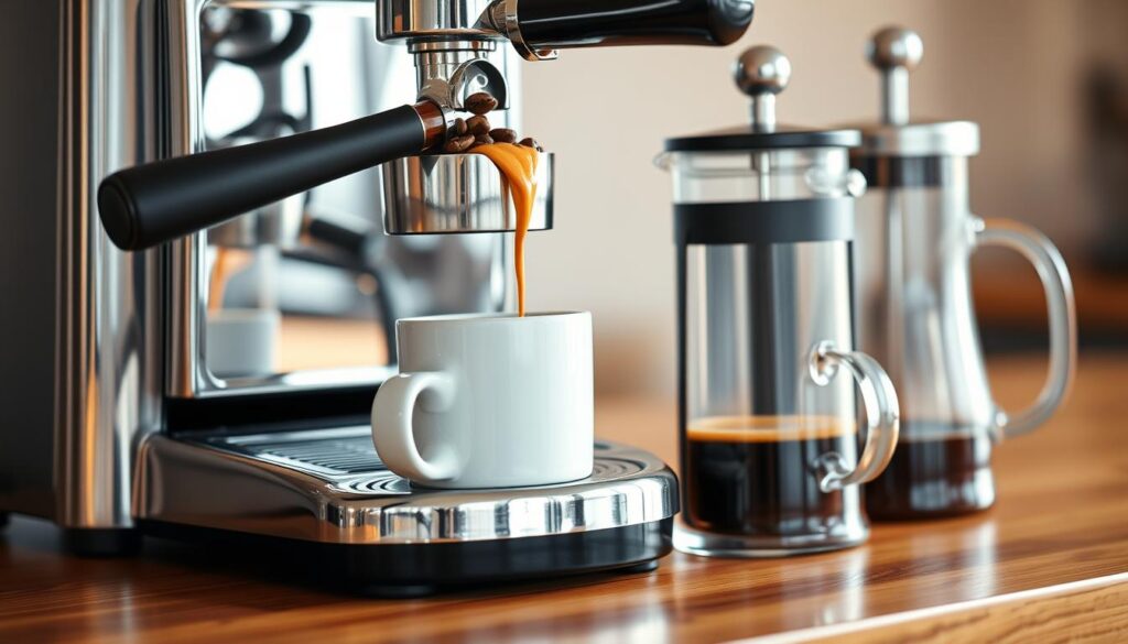 A gleaming stainless steel espresso machine sits atop a polished wooden countertop, its chrome body reflecting the warm, soft lighting overhead. Freshly ground coffee beans are carefully spooned into the portafilter, which is then tamped and locked into place. A stream of rich, aromatic espresso cascades into a classic white ceramic mug, its deep brown crema swirling with the smooth, dark liquid. Nearby, a glass French press brims with freshly brewed coffee, its earthy aroma mingling with the espresso. The two liquids are slowly combined, creating a beautifully layered and complex beverage that captures the essence of a perfect coffee house blend. A gleaming stainless steel espresso machine sits atop a polished wooden countertop, its chrome body reflecting the warm, soft lighting overhead. Freshly ground coffee beans are carefully spooned into the portafilter, which is then tamped and locked into place. A stream of rich, aromatic espresso cascades into a classic white ceramic mug, its deep brown crema swirling with the smooth, dark liquid. Nearby, a glass French press brims with freshly brewed coffee, its earthy aroma mingling with the espresso. The two liquids are slowly combined, creating a beautifully layered and complex beverage that captures the essence of a perfect coffee house blend.