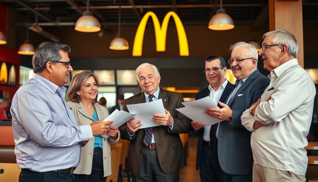 A group of McDonald's franchise owners standing in a well-lit diner setting, dressed in professional attire. They are engaged in a lively discussion, gesturing animatedly as they review paperwork and documents. The scene has a warm, inviting atmosphere, with the iconic golden arches visible in the background. The lighting is soft and natural, creating a sense of openness and collaboration. The camera angle is slightly elevated, capturing the franchisees from a slightly overhead perspective, emphasizing their authority and decision-making roles within the McDonald's organization.