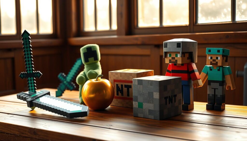 A group of six photorealistic, highly detailed Minecraft-themed collectibles arranged on a wooden table, illuminated by warm natural lighting from a large window. The items include a diamond sword, a creeper plush, a golden apple, a TNT block, a wearable diamond helmet, and a Steve action figure. The scene has a calm, whimsical atmosphere, with a focus on the intricate textures and colors of the collectibles against the rustic wooden backdrop. A group of six photorealistic, highly detailed Minecraft-themed collectibles arranged on a wooden table, illuminated by warm natural lighting from a large window. The items include a diamond sword, a creeper plush, a golden apple, a TNT block, a wearable diamond helmet, and a Steve action figure. The scene has a calm, whimsical atmosphere, with a focus on the intricate textures and colors of the collectibles against the rustic wooden backdrop.
