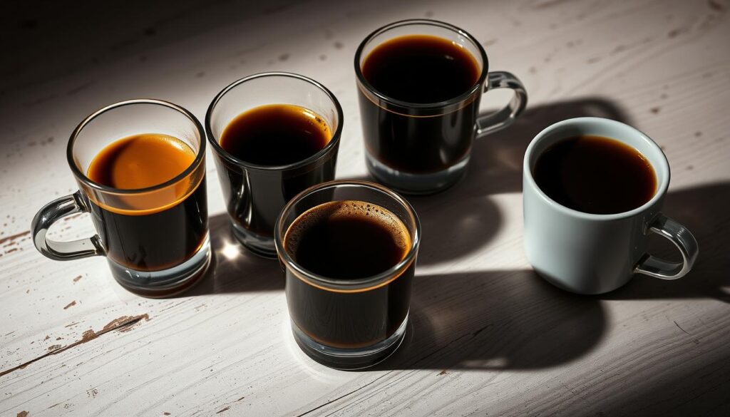 A high-contrast, close-up image showcasing two espresso shots and two small cups of Cuban coffee. The espresso has a thick, rich crema while the Cuban coffee has a darker, more robust color. The beverages are set against a neutral, distressed wooden surface, with a shallow depth of field to emphasize the details. Dramatic chiaroscuro lighting casts dramatic shadows, heightening the contrasts between the two coffee types. The overall mood is one of sophistication and artisanal craftsmanship, inviting the viewer to appreciate the nuanced differences between these two iconic coffee preparations.