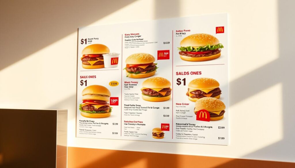 A high-quality, detailed image of the McDonald's $1 $2 $3 Menu displayed on a clean, minimalist background. The menu items are arranged neatly, with clear pricing information and appealing visuals for each item. The lighting is warm and natural, creating a welcoming atmosphere. The camera angle is slightly angled to showcase the full menu layout in an organized, easy-to-read composition. The overall mood is professional, appetizing, and representative of the McDonald's brand. A high-quality, detailed image of the McDonald's $1 $2 $3 Menu displayed on a clean, minimalist background. The menu items are arranged neatly, with clear pricing information and appealing visuals for each item. The lighting is warm and natural, creating a welcoming atmosphere. The camera angle is slightly angled to showcase the full menu layout in an organized, easy-to-read composition. The overall mood is professional, appetizing, and representative of the McDonald's brand.