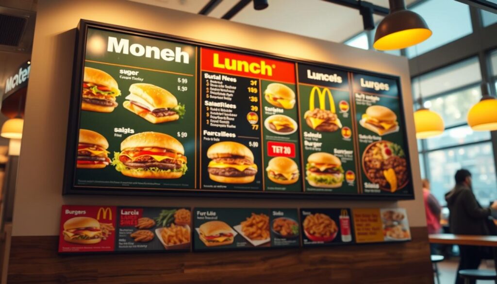 A high-quality photograph of a vibrant McDonald's lunch menu board, showcased in a well-lit, modern interior setting. The menu features a visually appealing layout, highlighting the brand's signature sandwiches, burgers, salads, and sides in a tempting manner. The lighting is warm and natural, creating a welcoming ambiance. The camera is positioned at a slight angle, capturing the menu board in its entirety while providing a sense of depth and dimension. The background is softly blurred, drawing the viewer's attention to the carefully curated menu items.