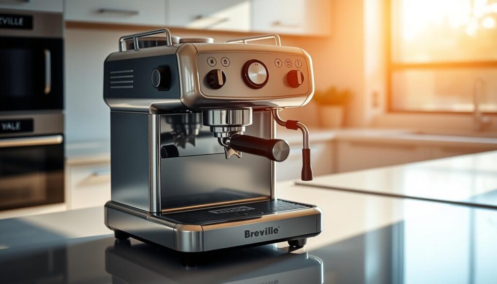 A high-quality, professional-grade Breville espresso machine sitting on a sleek, polished counter in a modern, well-lit kitchen. The machine features a stainless steel housing with clean lines and intuitive controls, its shiny portafilter and steam wand prominently displayed. Warm, natural lighting illuminates the scene, casting subtle shadows and highlights that accentuate the machine's sturdy build and premium construction. The overall mood is one of sophistication, efficiency, and the promise of a perfectly crafted espresso. A minimalist, clutter-free background allows the Breville to take center stage, ready to brew the perfect shot. A high-quality, professional-grade Breville espresso machine sitting on a sleek, polished counter in a modern, well-lit kitchen. The machine features a stainless steel housing with clean lines and intuitive controls, its shiny portafilter and steam wand prominently displayed. Warm, natural lighting illuminates the scene, casting subtle shadows and highlights that accentuate the machine's sturdy build and premium construction. The overall mood is one of sophistication, efficiency, and the promise of a perfectly crafted espresso. A minimalist, clutter-free background allows the Breville to take center stage, ready to brew the perfect shot.