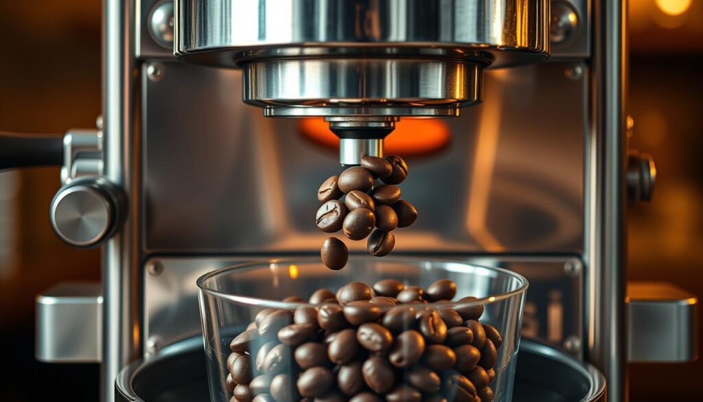 A high-quality, stainless steel espresso bean roasting machine, its sleek design bathed in warm, golden lighting. Precisely engineered components meticulously arranged, with a central hopper elegantly dispensing freshly roasted beans into a tempered glass container below. The machine's gleaming exterior reflects the rich, dark chocolate-covered espresso beans it produces, their glossy sheen catching the soft illumination. A sense of artisanal craftsmanship pervades the scene, inviting the viewer to imagine the delightful flavor and aroma of this harmonious fusion of coffee and chocolate. A high-quality, stainless steel espresso bean roasting machine, its sleek design bathed in warm, golden lighting. Precisely engineered components meticulously arranged, with a central hopper elegantly dispensing freshly roasted beans into a tempered glass container below. The machine's gleaming exterior reflects the rich, dark chocolate-covered espresso beans it produces, their glossy sheen catching the soft illumination. A sense of artisanal craftsmanship pervades the scene, inviting the viewer to imagine the delightful flavor and aroma of this harmonious fusion of coffee and chocolate.