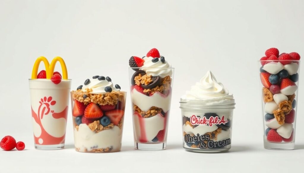 A high-quality still life of a fast food parfait comparison, photographed with a wide angle lens against a clean white background. In the foreground, a variety of parfait-style desserts are neatly arranged, including a classic McDonald's Vanilla Parfait, a Chick-fil-A Cookies & Cream Parfait, and a homemade berry parfait. The middle ground showcases the individual ingredients - layers of creamy yogurt, fresh berries, crunchy granola, and dollops of whipped cream. The background is simple and uncluttered, allowing the colorful parfaits to take center stage. The lighting is soft and diffused, creating an appetizing, high-contrast image that highlights the visual differences between the competing parfait options. A high-quality still life of a fast food parfait comparison, photographed with a wide angle lens against a clean white background. In the foreground, a variety of parfait-style desserts are neatly arranged, including a classic McDonald's Vanilla Parfait, a Chick-fil-A Cookies & Cream Parfait, and a homemade berry parfait. The middle ground showcases the individual ingredients - layers of creamy yogurt, fresh berries, crunchy granola, and dollops of whipped cream. The background is simple and uncluttered, allowing the colorful parfaits to take center stage. The lighting is soft and diffused, creating an appetizing, high-contrast image that highlights the visual differences between the competing parfait options.