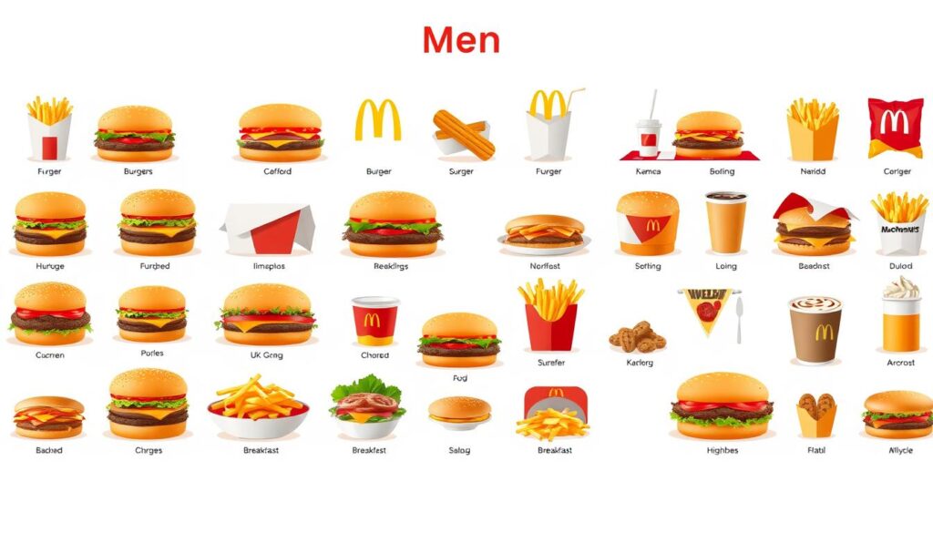 A high-quality, vividly detailed illustration of the McDonald's UK menu categories, showcased in a clean, modern visual design. Set against a bright, minimalist background, the menu items - from burgers and fries to salads and breakfast options - are arranged in a grid-like layout, each item beautifully rendered with realistic textures and lighting, capturing the essence of the McDonald's brand. The composition is balanced and visually striking, inviting the viewer to explore the full breadth of the UK menu. The overall mood is one of aspirational simplicity, reflecting the accessibility and appeal of the McDonald's dining experience. A high-quality, vividly detailed illustration of the McDonald's UK menu categories, showcased in a clean, modern visual design. Set against a bright, minimalist background, the menu items - from burgers and fries to salads and breakfast options - are arranged in a grid-like layout, each item beautifully rendered with realistic textures and lighting, capturing the essence of the McDonald's brand. The composition is balanced and visually striking, inviting the viewer to explore the full breadth of the UK menu. The overall mood is one of aspirational simplicity, reflecting the accessibility and appeal of the McDonald's dining experience.