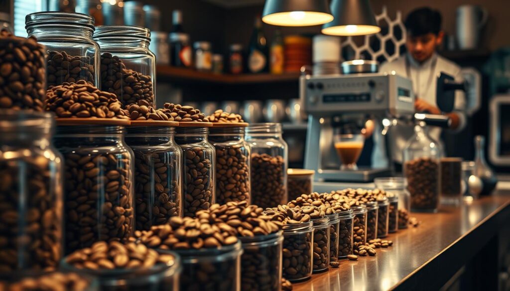 A high-resolution, beautifully lit photograph of a well-stocked espresso bar counter, with an array of freshly roasted whole coffee beans displayed in various glass jars and containers. The lighting is warm and soft, creating a cozy, inviting atmosphere. The focus is on the wide selection of specialty beans, showcasing their distinct colors, textures, and aromas. In the background, a skilled barista prepares a perfect shot of espresso, the machine's steam wands emitting delicate wisps of vapor. The overall scene conveys a sense of craftsmanship, quality, and the passion for sourcing the finest espresso beans. A high-resolution, beautifully lit photograph of a well-stocked espresso bar counter, with an array of freshly roasted whole coffee beans displayed in various glass jars and containers. The lighting is warm and soft, creating a cozy, inviting atmosphere. The focus is on the wide selection of specialty beans, showcasing their distinct colors, textures, and aromas. In the background, a skilled barista prepares a perfect shot of espresso, the machine's steam wands emitting delicate wisps of vapor. The overall scene conveys a sense of craftsmanship, quality, and the passion for sourcing the finest espresso beans.