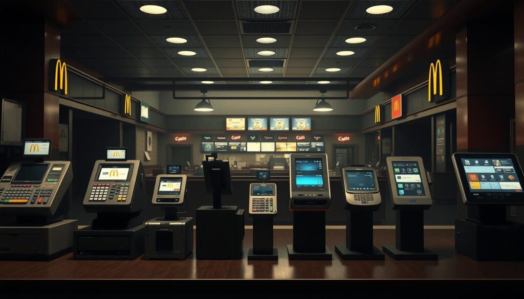 A high-resolution, highly detailed, and photorealistic scene depicting the evolution of McDonald's point-of-sale (POS) systems over time. The foreground showcases a chronological display of various POS terminals, from the early cash registers to modern touchscreen kiosks, each precisely rendered with intricate details and textures. The middle ground features a dimly lit, retro-styled McDonald's restaurant interior, complete with classic decor and architectural elements. The background subtly blends into a softly lit, atmospheric environment, emphasizing the passage of time and the technological advancements in the fast-food industry. Masterful use of lighting, depth of field, and camera angles to create a visually captivating and informative illustration of the POS system's evolution. A high-resolution, highly detailed, and photorealistic scene depicting the evolution of McDonald's point-of-sale (POS) systems over time. The foreground showcases a chronological display of various POS terminals, from the early cash registers to modern touchscreen kiosks, each precisely rendered with intricate details and textures. The middle ground features a dimly lit, retro-styled McDonald's restaurant interior, complete with classic decor and architectural elements. The background subtly blends into a softly lit, atmospheric environment, emphasizing the passage of time and the technological advancements in the fast-food industry. Masterful use of lighting, depth of field, and camera angles to create a visually captivating and informative illustration of the POS system's evolution.