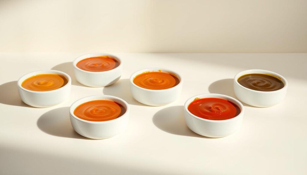 A high-resolution image of a sleek and minimalist tabletop setting featuring various McDonald's dipping sauces arranged in a visually appealing manner. The sauces are presented in clean, modern ceramic ramekins against a plain, light-colored background, allowing the vibrant colors and textures of the sauces to take center stage. Soft, directional lighting casts subtle shadows, creating depth and dimension. The composition is balanced and symmetrical, with the sauces positioned at slightly different angles to add visual interest. The overall mood is one of simplicity, elegance, and a touch of sophistication, effectively highlighting the unique qualities of each McDonald's sauce.