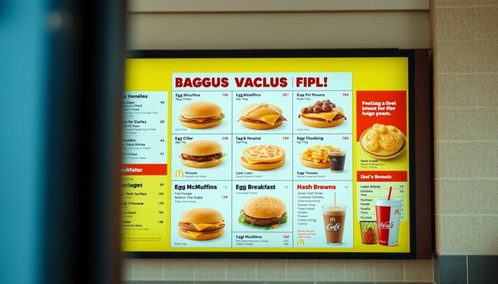 A high-resolution photograph of a McDonald's breakfast menu board, taken in natural daylight with a shallow depth of field. The menu features a clean, modern design with a bright and inviting color palette. The menu items are arranged in a grid layout, showcasing the full breakfast selection, including items like Egg McMuffins, Hotcakes, Hash Browns, and McCafé beverages. The edges of the frame are slightly blurred, keeping the focus on the centrally-positioned menu. The overall scene conveys a sense of anticipation and mouthwatering temptation, enticing the viewer to visit their local McDonald's for a delicious breakfast. A high-resolution photograph of a McDonald's breakfast menu board, taken in natural daylight with a shallow depth of field. The menu features a clean, modern design with a bright and inviting color palette. The menu items are arranged in a grid layout, showcasing the full breakfast selection, including items like Egg McMuffins, Hotcakes, Hash Browns, and McCafé beverages. The edges of the frame are slightly blurred, keeping the focus on the centrally-positioned menu. The overall scene conveys a sense of anticipation and mouthwatering temptation, enticing the viewer to visit their local McDonald's for a delicious breakfast.
