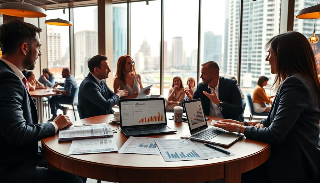 A high-resolution, photorealistic image of a well-lit, modern cafe interior with expansive windows offering a view of a bustling city skyline. In the foreground, a stylish wooden table displays financial reports, investment charts, and a laptop showcasing Keke's Breakfast Cafe's financial data and investment opportunities. The middle ground features smartly dressed business professionals engaged in animated discussions, gesturing towards the documents. The background shows the cafe's lively atmosphere, with patrons enjoying their meals and the vibrant urban setting outside. The lighting is warm and inviting, creating a professional yet welcoming ambiance. A high-resolution, photorealistic image of a well-lit, modern cafe interior with expansive windows offering a view of a bustling city skyline. In the foreground, a stylish wooden table displays financial reports, investment charts, and a laptop showcasing Keke's Breakfast Cafe's financial data and investment opportunities. The middle ground features smartly dressed business professionals engaged in animated discussions, gesturing towards the documents. The background shows the cafe's lively atmosphere, with patrons enjoying their meals and the vibrant urban setting outside. The lighting is warm and inviting, creating a professional yet welcoming ambiance.