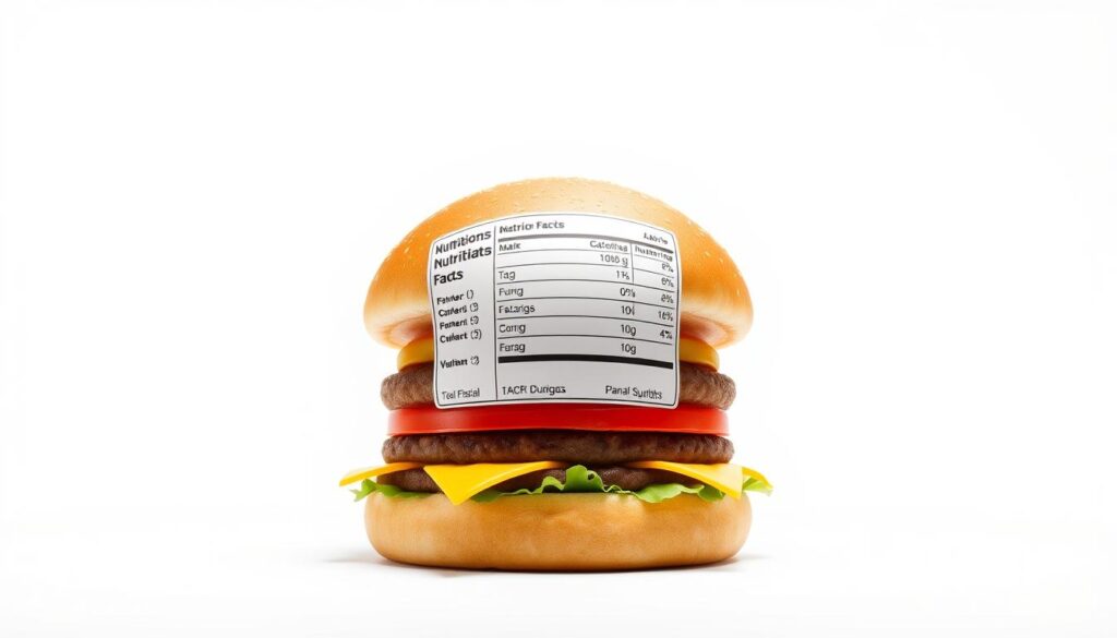 A high-resolution, realistic illustration of a McDonald's hamburger's nutrition facts panel, displayed on a white background in a clean, minimalist style. The panel showcases the calorie count, macronutrient breakdown, and other key nutritional information in a clear, easy-to-read format. The lighting is soft and evenly distributed, creating a bright, clinical atmosphere that emphasizes the informative nature of the image. The camera angle is positioned directly above the panel, providing a clear, unobstructed view. The overall composition is balanced and visually appealing, drawing the viewer's attention to the essential nutritional details. A high-resolution, realistic illustration of a McDonald's hamburger's nutrition facts panel, displayed on a white background in a clean, minimalist style. The panel showcases the calorie count, macronutrient breakdown, and other key nutritional information in a clear, easy-to-read format. The lighting is soft and evenly distributed, creating a bright, clinical atmosphere that emphasizes the informative nature of the image. The camera angle is positioned directly above the panel, providing a clear, unobstructed view. The overall composition is balanced and visually appealing, drawing the viewer's attention to the essential nutritional details.