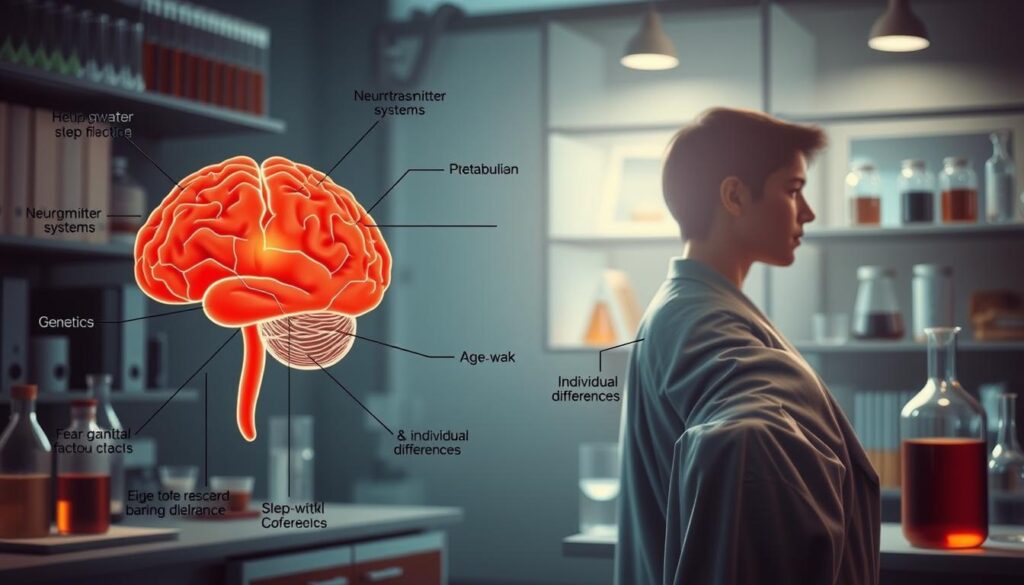 A highly detailed, photorealistic illustration of various physiological and behavioral factors that influence caffeine tolerance, captured in a clinical, scientific style. The foreground features a brain diagram with highlighted regions associated with neurotransmitter systems, metabolism, and sleep-wake cycles. The middle ground showcases a person's profile with callouts pointing to factors like genetics, age, gender, and individual differences. The background depicts a laboratory setting with scientific equipment, beakers, and data visualizations. Dramatic, directional lighting from the side creates depth and emphasizes the technical, educational nature of the scene. The overall mood is one of analytical precision, conveying the complex interplay of elements that contribute to an individual's caffeine tolerance. A highly detailed, photorealistic illustration of various physiological and behavioral factors that influence caffeine tolerance, captured in a clinical, scientific style. The foreground features a brain diagram with highlighted regions associated with neurotransmitter systems, metabolism, and sleep-wake cycles. The middle ground showcases a person's profile with callouts pointing to factors like genetics, age, gender, and individual differences. The background depicts a laboratory setting with scientific equipment, beakers, and data visualizations. Dramatic, directional lighting from the side creates depth and emphasizes the technical, educational nature of the scene. The overall mood is one of analytical precision, conveying the complex interplay of elements that contribute to an individual's caffeine tolerance.