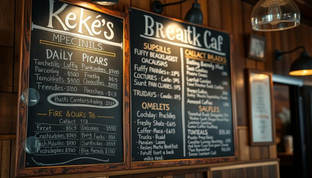 A menu board displayed on a rustic wooden wall, with hand-painted lettering showcasing the daily specials and seasonal items at Keke's Breakfast Cafe in Hendersonville. The menu features a variety of breakfast classics, including fluffy pancakes, savory omelets, and freshly brewed coffee. Soft, natural lighting illuminates the scene, creating a warm and inviting atmosphere. The background is blurred, drawing the viewer's focus to the detailed menu items. The overall composition conveys the cozy, neighborhood charm of this local breakfast spot. A menu board displayed on a rustic wooden wall, with hand-painted lettering showcasing the daily specials and seasonal items at Keke's Breakfast Cafe in Hendersonville. The menu features a variety of breakfast classics, including fluffy pancakes, savory omelets, and freshly brewed coffee. Soft, natural lighting illuminates the scene, creating a warm and inviting atmosphere. The background is blurred, drawing the viewer's focus to the detailed menu items. The overall composition conveys the cozy, neighborhood charm of this local breakfast spot.