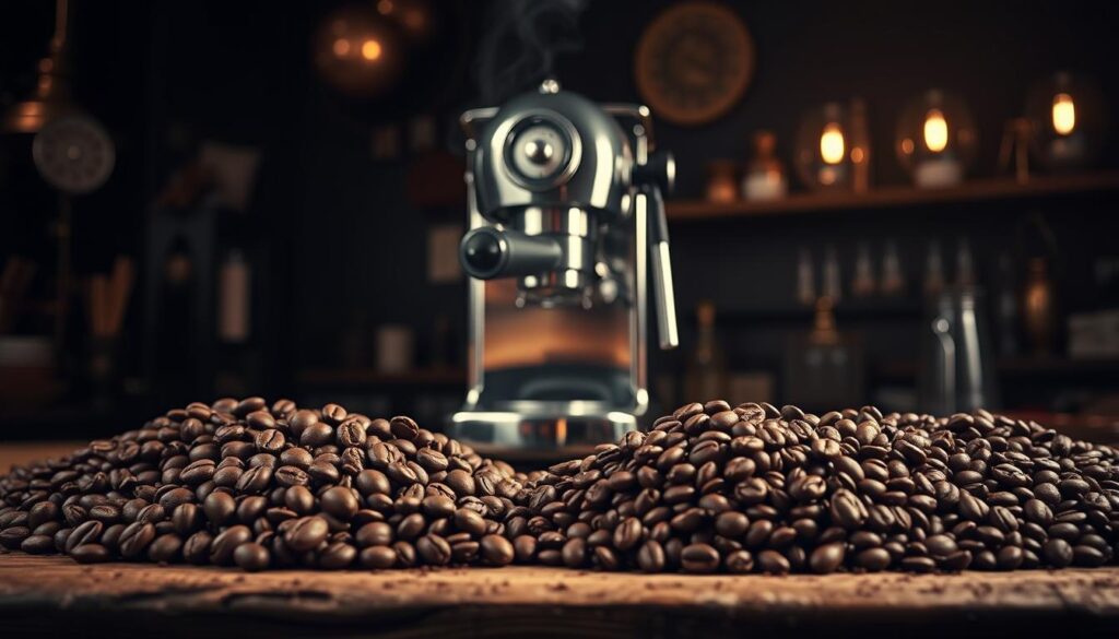 A meticulously crafted still life showcasing the diverse types of espresso coffee beans, expertly roasted and presented in a moody, atmospheric setting. In the foreground, a selection of whole and ground beans in shades of brown and black are arranged on a rustic wooden surface, illuminated by warm, directional lighting that casts subtle shadows. In the middle ground, a sleek, stainless steel espresso machine stands as the centerpiece, its gleaming chrome body reflecting the rich, aromatic steam rising from the portafilter. The background is obscured in a soft, vignetted blur, hinting at the cozy ambiance of a well-appointed café or coffee shop, with hints of copper, brass, and vintage accents providing a sense of timeless sophistication. A meticulously crafted still life showcasing the diverse types of espresso coffee beans, expertly roasted and presented in a moody, atmospheric setting. In the foreground, a selection of whole and ground beans in shades of brown and black are arranged on a rustic wooden surface, illuminated by warm, directional lighting that casts subtle shadows. In the middle ground, a sleek, stainless steel espresso machine stands as the centerpiece, its gleaming chrome body reflecting the rich, aromatic steam rising from the portafilter. The background is obscured in a soft, vignetted blur, hinting at the cozy ambiance of a well-appointed café or coffee shop, with hints of copper, brass, and vintage accents providing a sense of timeless sophistication.