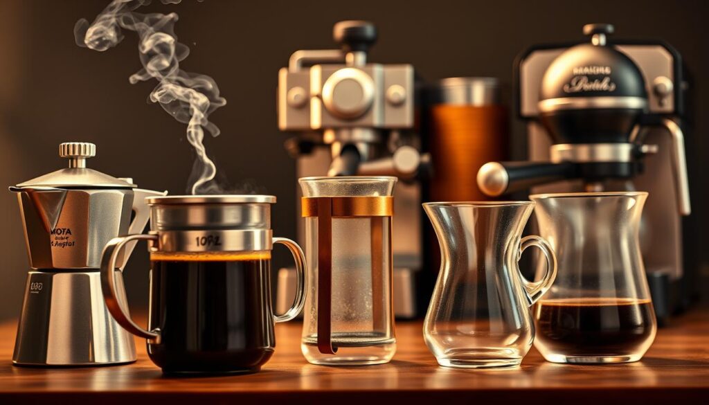 A meticulously detailed comparison of classic coffee brewing methods, shot in warm studio lighting with a professional camera and macro lens. In the foreground, a Moka pot, French press, and drip coffee maker are precisely arranged, their intricate mechanisms and glassware showcased. In the middle ground, the process of extraction is depicted, with steam rising from the Moka pot and the French press plunger being slowly depressed. In the background, an espresso machine and its portafilter take center stage, highlighting the key differences in preparation. The overall mood is one of technical fascination, inviting the viewer to explore the nuances of each brewing technique. A meticulously detailed comparison of classic coffee brewing methods, shot in warm studio lighting with a professional camera and macro lens. In the foreground, a Moka pot, French press, and drip coffee maker are precisely arranged, their intricate mechanisms and glassware showcased. In the middle ground, the process of extraction is depicted, with steam rising from the Moka pot and the French press plunger being slowly depressed. In the background, an espresso machine and its portafilter take center stage, highlighting the key differences in preparation. The overall mood is one of technical fascination, inviting the viewer to explore the nuances of each brewing technique.