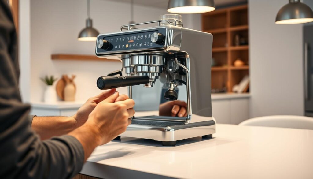 A meticulously detailed image of a person cleaning an espresso machine in a modern kitchen. The foreground shows a person's hands carefully disassembling the machine, inspecting each component. The middle ground showcases the shiny, stainless steel body of the espresso machine, its intricate mechanisms exposed. The background features a sleek, minimalist kitchen setting with white countertops, pendant lighting, and natural wood accents, creating a calming, streamlined atmosphere. The lighting is soft and even, casting a warm glow on the scene, emphasizing the care and attention being paid to the task at hand. The overall mood is one of thoughtful precision and a dedication to maintaining the optimal performance of the espresso machine. A meticulously detailed image of a person cleaning an espresso machine in a modern kitchen. The foreground shows a person's hands carefully disassembling the machine, inspecting each component. The middle ground showcases the shiny, stainless steel body of the espresso machine, its intricate mechanisms exposed. The background features a sleek, minimalist kitchen setting with white countertops, pendant lighting, and natural wood accents, creating a calming, streamlined atmosphere. The lighting is soft and even, casting a warm glow on the scene, emphasizing the care and attention being paid to the task at hand. The overall mood is one of thoughtful precision and a dedication to maintaining the optimal performance of the espresso machine.