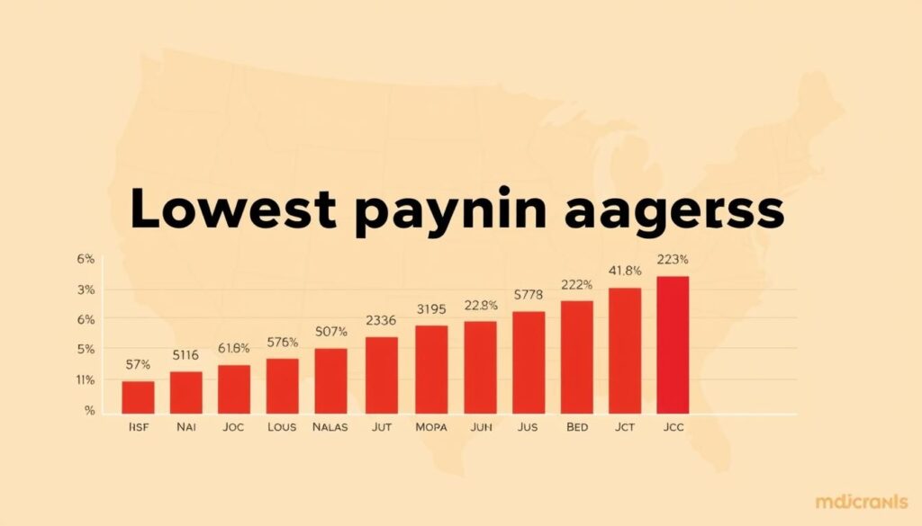 A minimalist infographic depicting the lowest-paying states for McDonald's managers in the United States. A clean, data-driven design with a warm, muted color palette. In the foreground, a simple bar chart showcasing the average annual salaries, arranged in ascending order from left to right. In the middle ground, state silhouettes corresponding to the bars, with subtle gradients to differentiate them. The background is a soft, blurred map of the continental US, providing a subtle geographic context. The overall mood is informative and visually striking, suitable for the article's section on low-paying McDonald's manager salaries. A minimalist infographic depicting the lowest-paying states for McDonald's managers in the United States. A clean, data-driven design with a warm, muted color palette. In the foreground, a simple bar chart showcasing the average annual salaries, arranged in ascending order from left to right. In the middle ground, state silhouettes corresponding to the bars, with subtle gradients to differentiate them. The background is a soft, blurred map of the continental US, providing a subtle geographic context. The overall mood is informative and visually striking, suitable for the article's section on low-paying McDonald's manager salaries.
