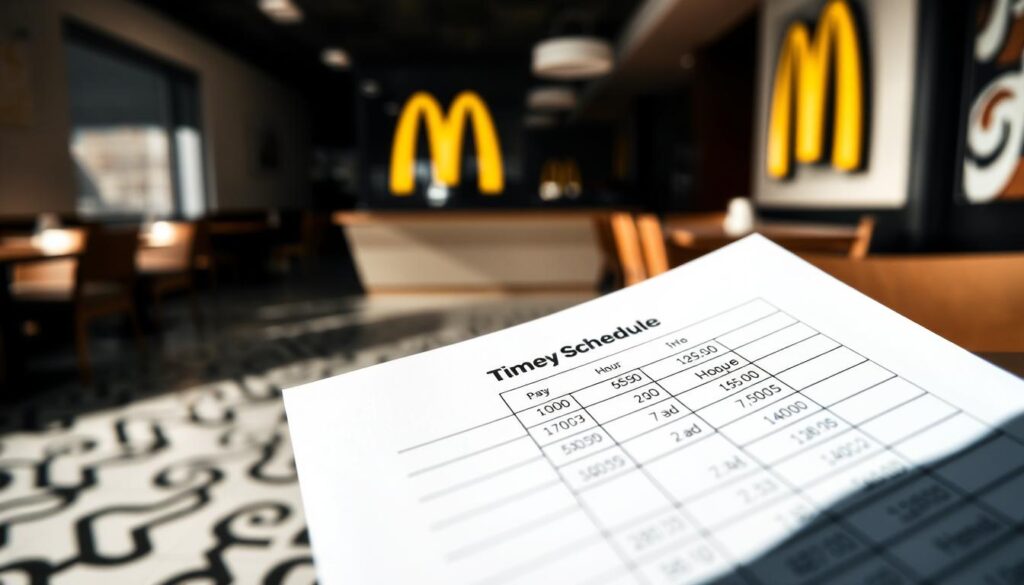 A modern, high-contrast photograph of a McDonald's payment schedule. In the foreground, a detailed close-up of a McDonald's employee timecard, neatly filled out with hours and a pay period date range. In the middle ground, a partially blurred McDonald's restaurant interior, with the iconic golden arches visible. In the background, a patterned tile floor and minimalist decor, conveying a sense of the professional, corporate atmosphere of a McDonald's location. The lighting is crisp and directional, casting shadows that add depth and dimension to the scene. The overall mood is one of efficiency, organization, and attention to detail, reflecting the precision and regularity of McDonald's payroll practices.