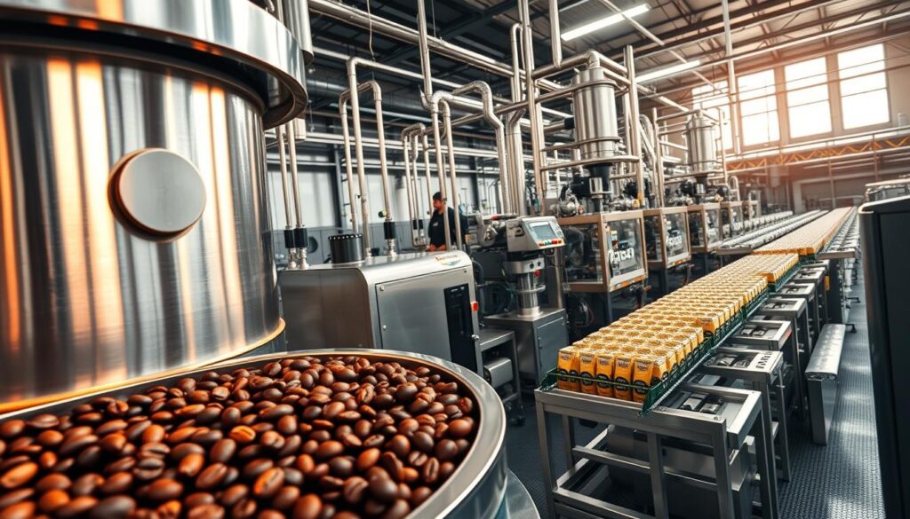 A modern, high-tech factory setting with a focus on the instant coffee production process. In the foreground, a gleaming stainless steel industrial coffee roaster slowly tumbles coffee beans, bathed in warm amber lighting. In the middle ground, precision-engineered machinery expertly extracts the coffee essence, condensing it into a concentrated liquid. In the background, rows of automated packaging lines rapidly fill, seal, and label instant coffee sachets, ready for distribution. The overall atmosphere conveys the efficiency, quality control, and technological sophistication of the instant coffee manufacturing process. A modern, high-tech factory setting with a focus on the instant coffee production process. In the foreground, a gleaming stainless steel industrial coffee roaster slowly tumbles coffee beans, bathed in warm amber lighting. In the middle ground, precision-engineered machinery expertly extracts the coffee essence, condensing it into a concentrated liquid. In the background, rows of automated packaging lines rapidly fill, seal, and label instant coffee sachets, ready for distribution. The overall atmosphere conveys the efficiency, quality control, and technological sophistication of the instant coffee manufacturing process.