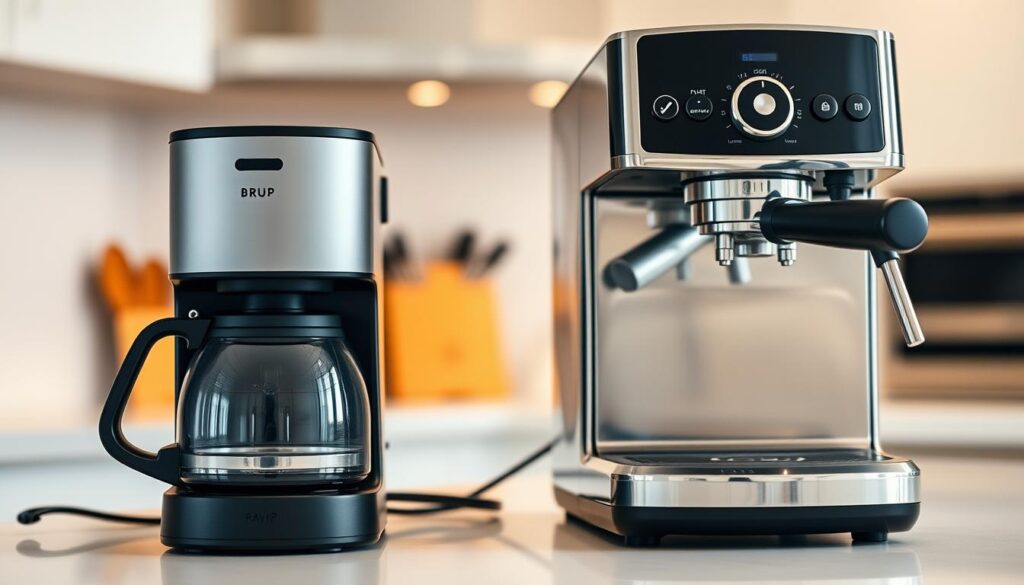 A modern kitchen counter with a standard drip coffee maker and an espresso machine side by side. The drip maker looks plain and functional, while the espresso machine has a sleek, professional design with various controls and features. The background is slightly blurred, creating a focused, product-centric composition. Soft, warm lighting from above casts gentle shadows, highlighting the textures and materials of the appliances. The overall mood is one of comparison, showcasing the limitations of a basic coffee maker versus the capabilities of a dedicated espresso machine. A modern kitchen counter with a standard drip coffee maker and an espresso machine side by side. The drip maker looks plain and functional, while the espresso machine has a sleek, professional design with various controls and features. The background is slightly blurred, creating a focused, product-centric composition. Soft, warm lighting from above casts gentle shadows, highlighting the textures and materials of the appliances. The overall mood is one of comparison, showcasing the limitations of a basic coffee maker versus the capabilities of a dedicated espresso machine.
